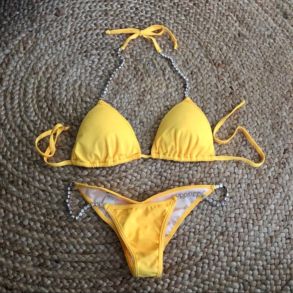 Yellow rhinestone bikini XS scrunch butt